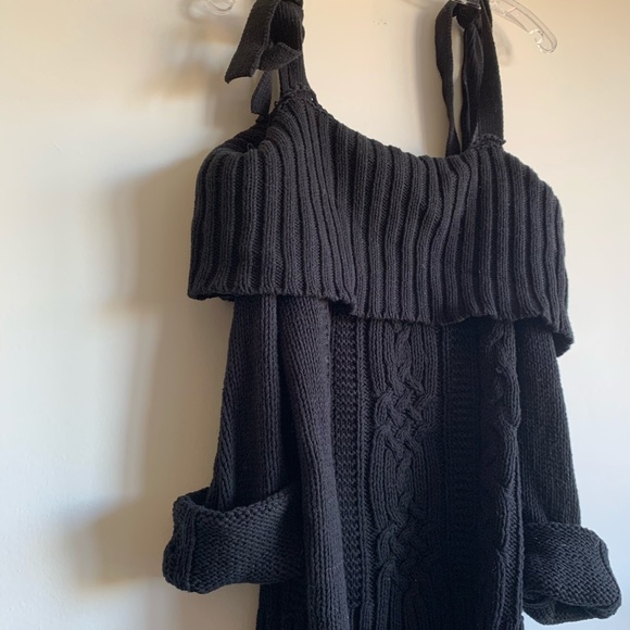 JOA Black Off The Shoulder Tied Cable Knit Sweater - Picture 6 of 7
